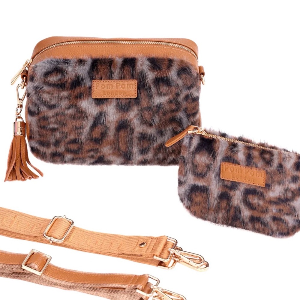 Pom Pom London City Bag Leopard Print Faux Fur Bundle in Maple